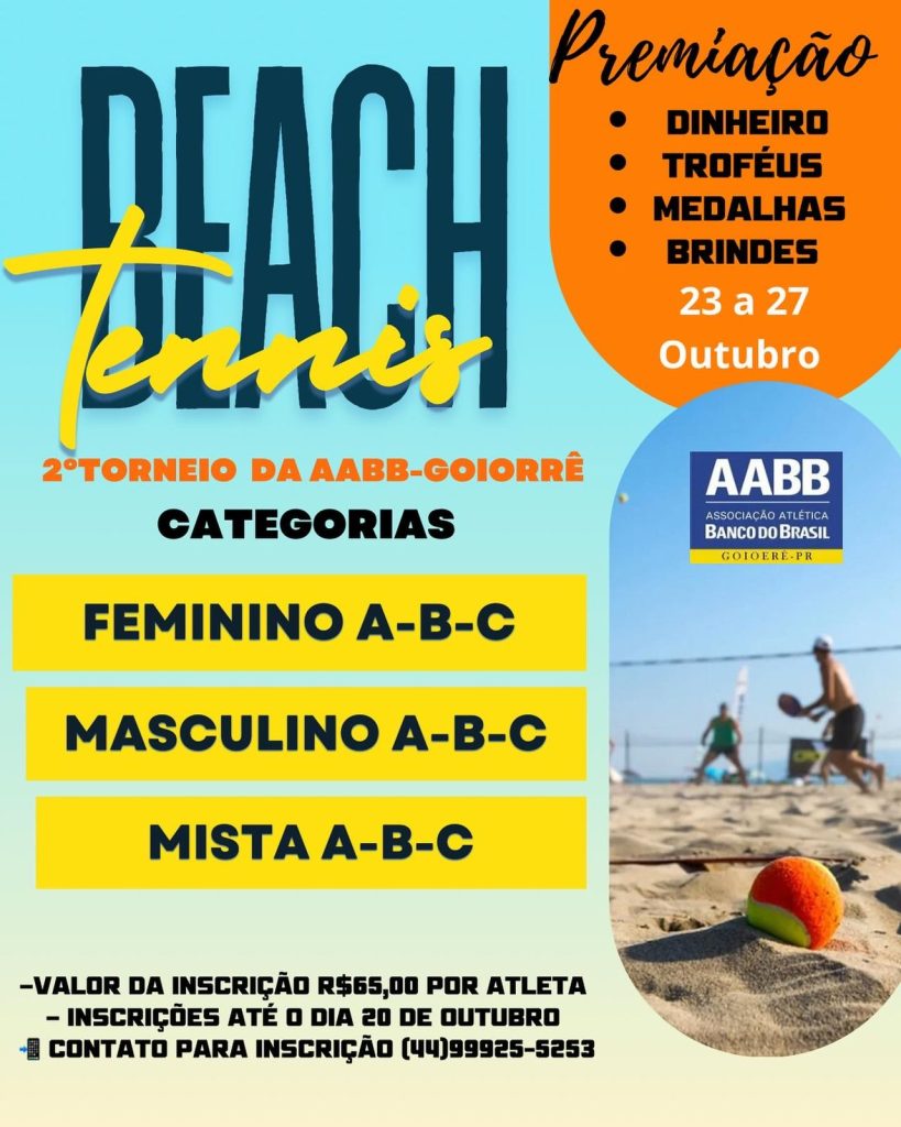 Inscrições abertas: 2º Torneio AABB Goioerê de Beach Tennis com R$ 4 mil!