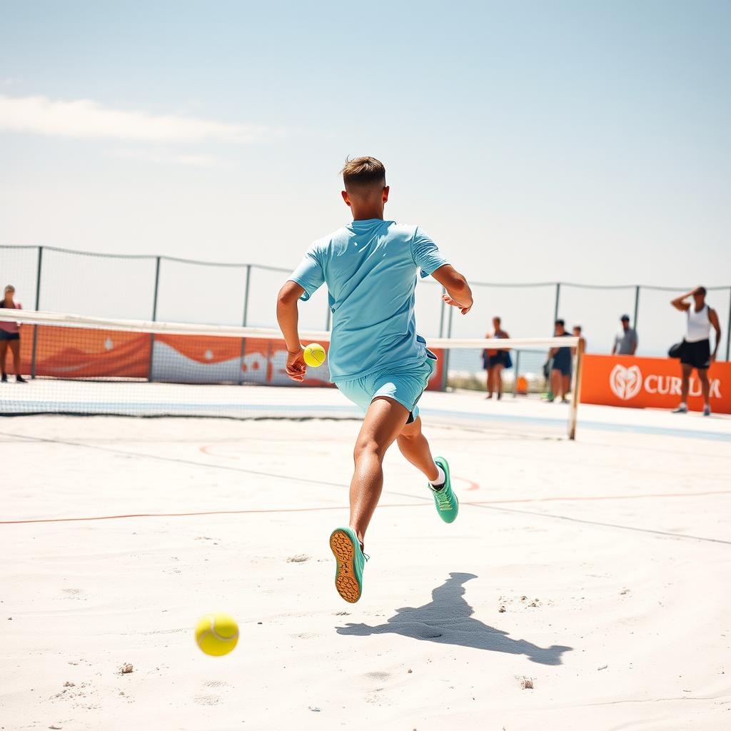 Jogador de beach tennis correndo para trás para pegar a bola de fundo na quadra de areia.