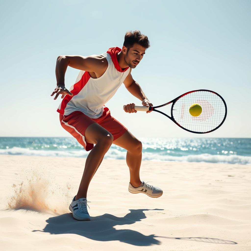 Jogador de beach tennis em ação, demonstrando técnica e estratégia na quadra de areia.