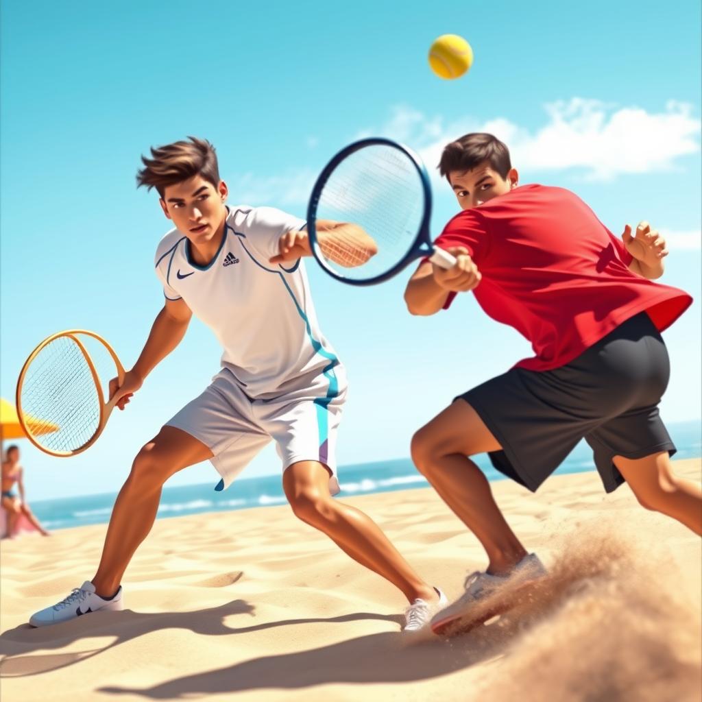 Jogador de beach tennis se preparando para defender um smash na quadra de areia.