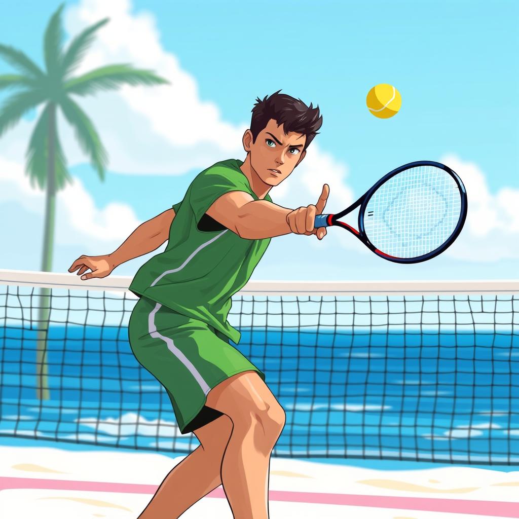 Jogador de beach tennis realizando um lob em uma quadra de areia.