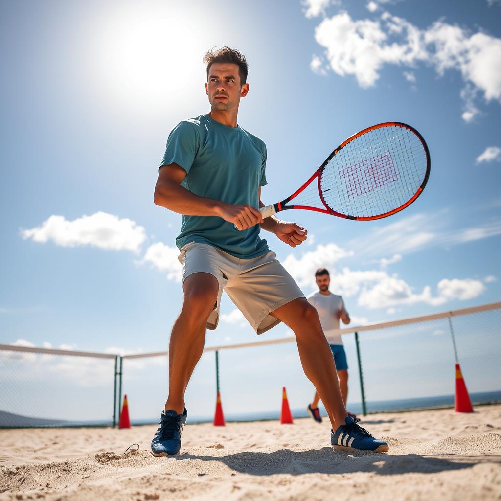 Jogador de beach tennis executando uma curta em uma quadra de areia.