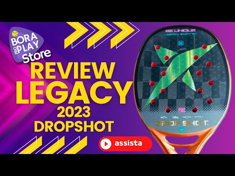 Raquete Dropshot Legacy 2023 em destaque, mostrando seu design moderno e características técnicas para beach tennis.