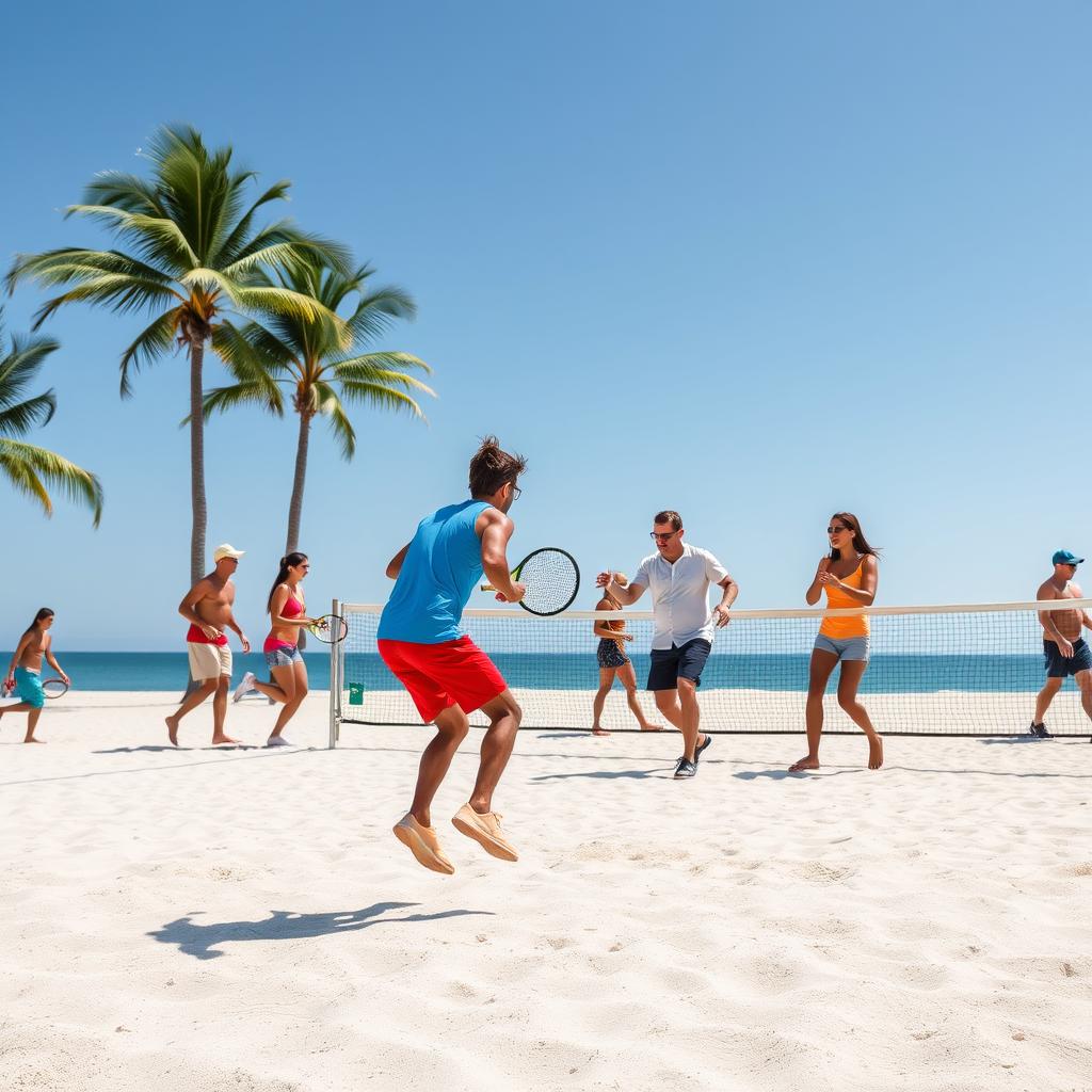 Jogadores de beach tennis se divertindo em uma quadra de areia durante uma partida.