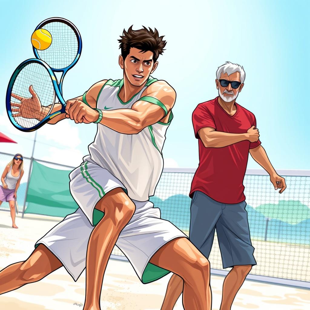 Jogador de beach tennis realizando um smash em uma quadra de areia.