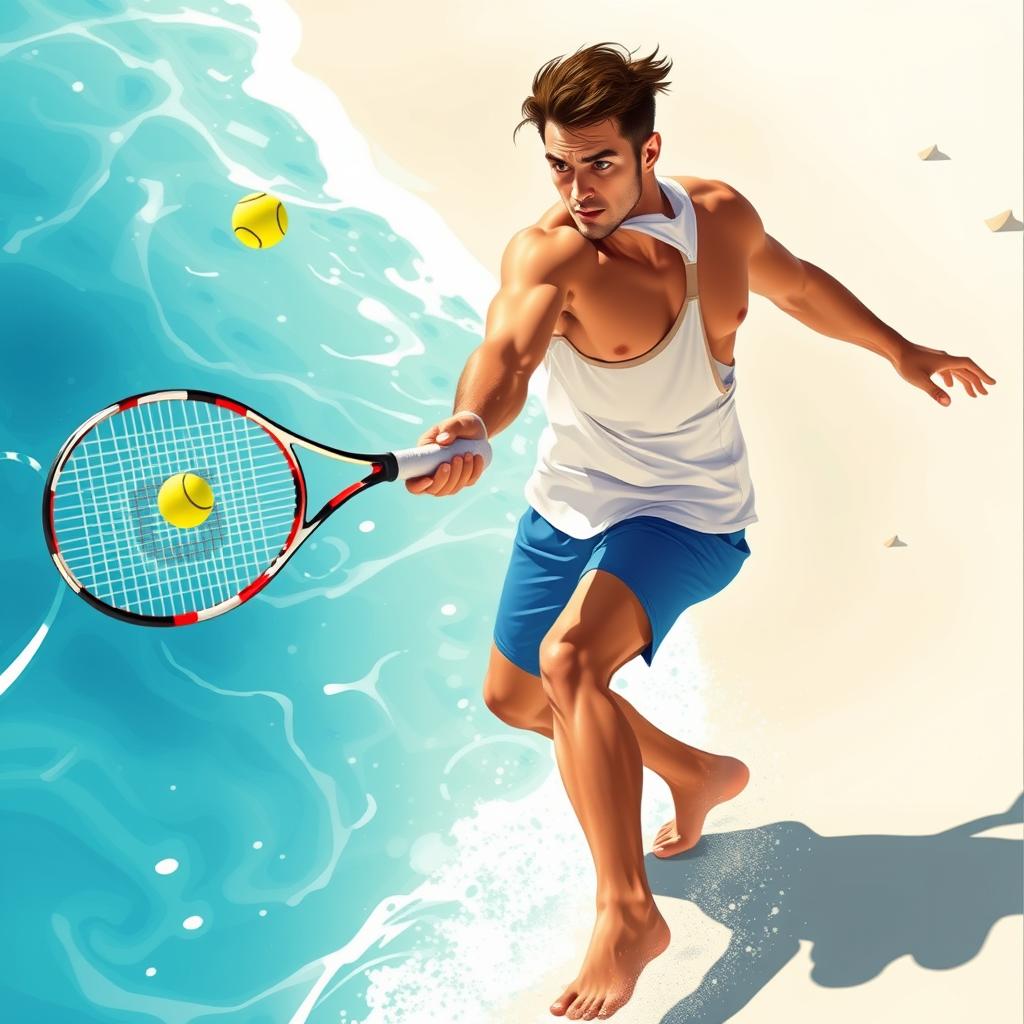 Jogador de beach tennis executando um backhand em uma quadra de areia.