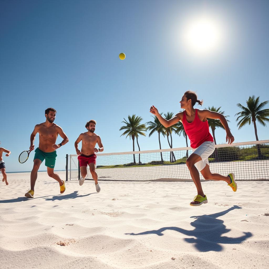 Jogador de beach tennis correndo para trás em uma quadra de areia, focando na técnica correta.