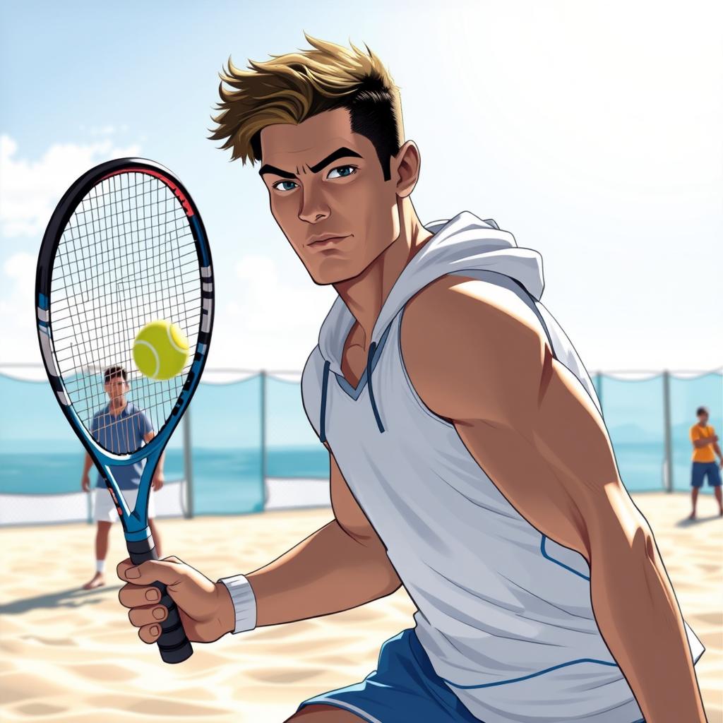 Jogador de beach tennis realizando um gancho em uma quadra de areia.