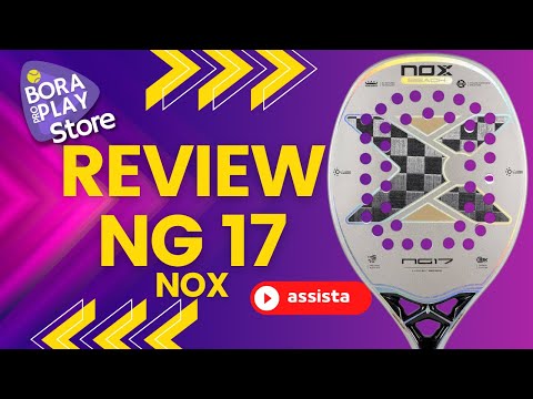 Raquete Nox NG17 com design holográfico e características técnicas para beach tennis.