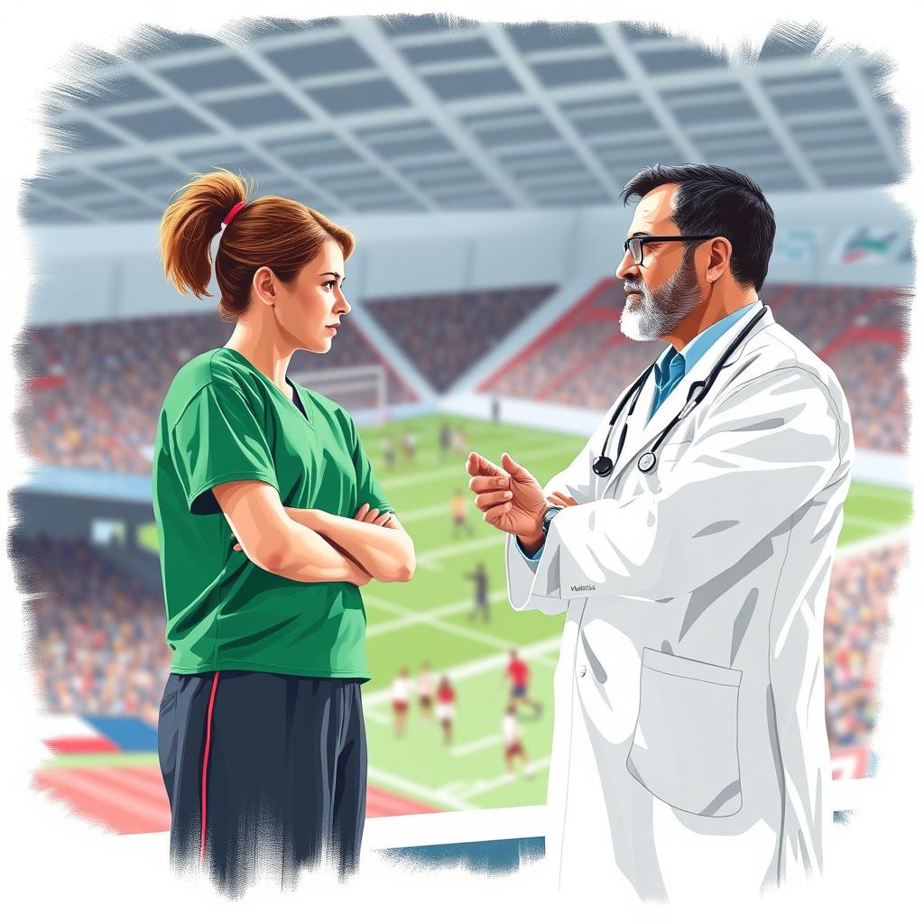 Médico do esporte avaliando um atleta durante consulta.