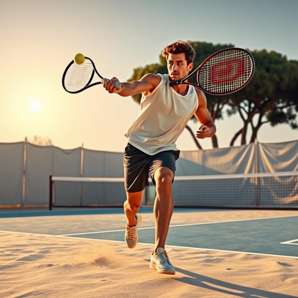 Jogador de beach tennis executando a defesa em leque em uma quadra de areia.