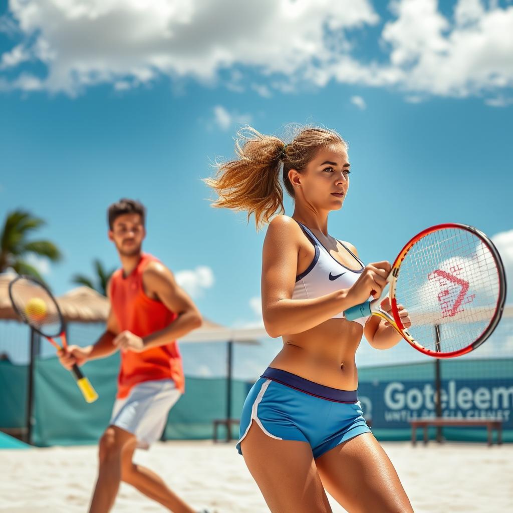 Jogador de beach tennis em ação, demonstrando técnica e estratégia na quadra de areia.