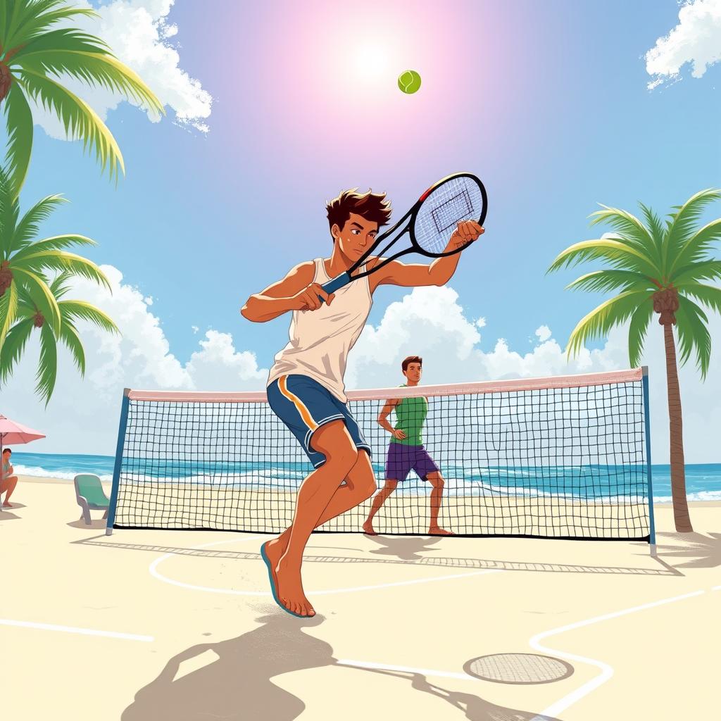 Jogador de beach tennis executando um smash poderoso na areia.