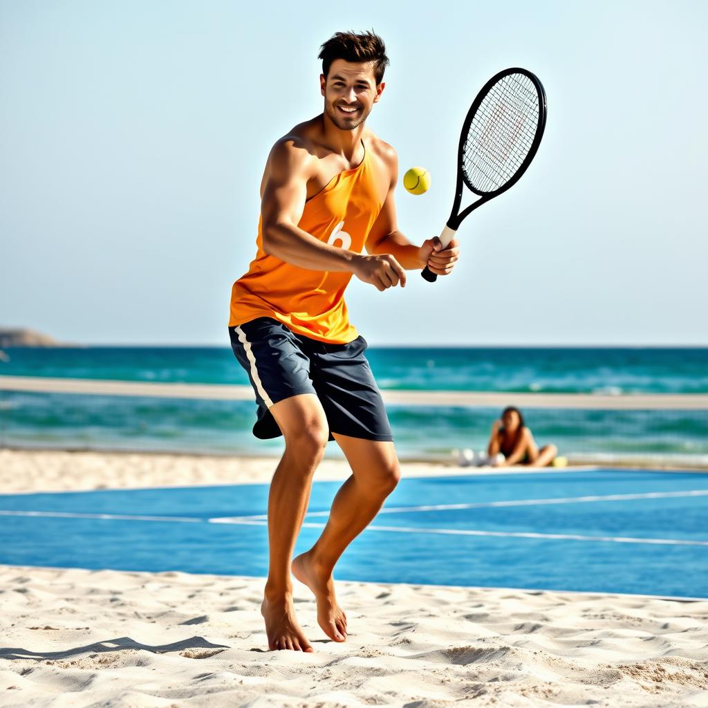 Jogador de beach tennis executando um voleio em uma quadra de areia.