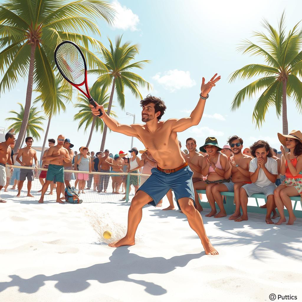 Jogadores de beach tennis se divertindo em uma quadra de areia, destacando a socialização e a atividade física.