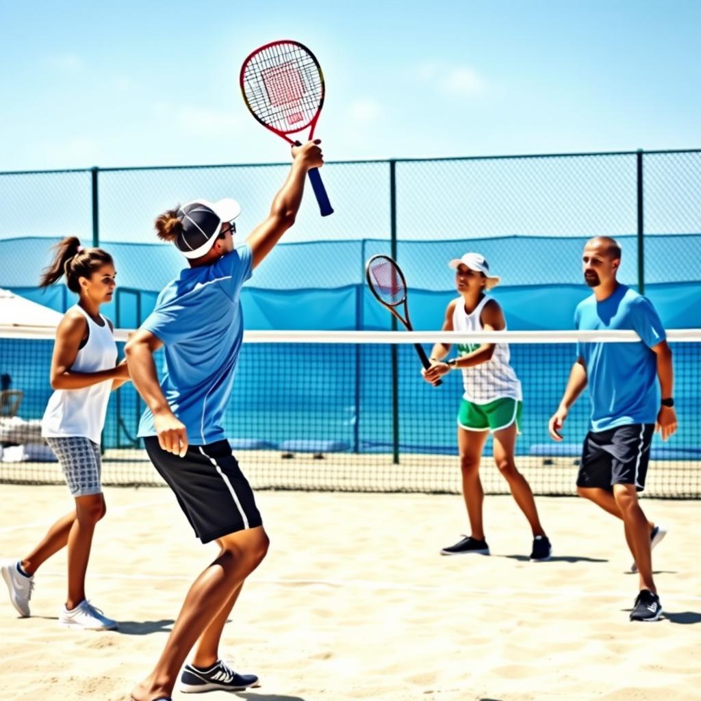 Jogador de beach tennis executando o golpe de gancho em uma quadra de areia.