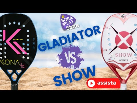 Comparação entre raquetes Gladiator e Show, destacando características como material, espessura e controle.