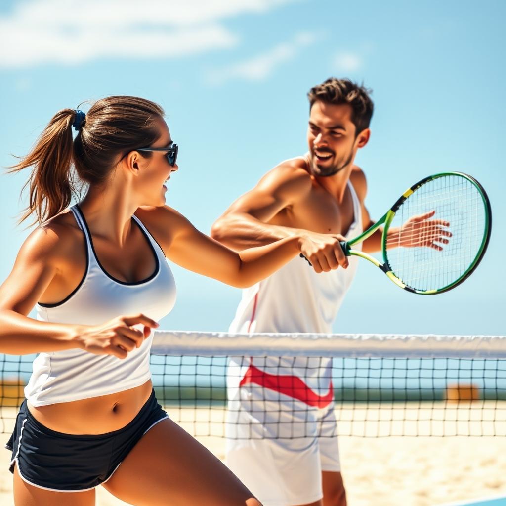 Jogadores de beach tennis em ação, demonstrando posicionamento em duplas mistas.