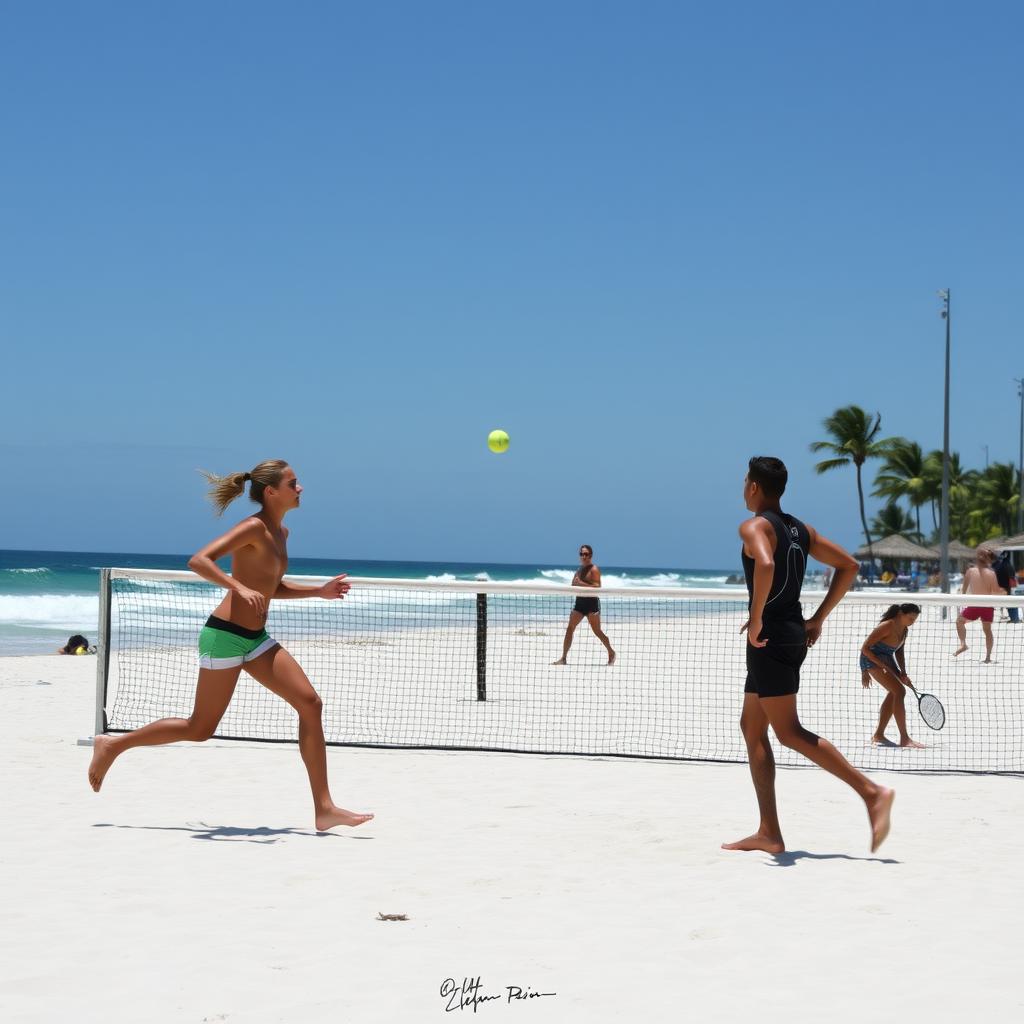 Jogador de beach tennis em ação, treinando técnicas de saque e movimentação na quadra de areia.