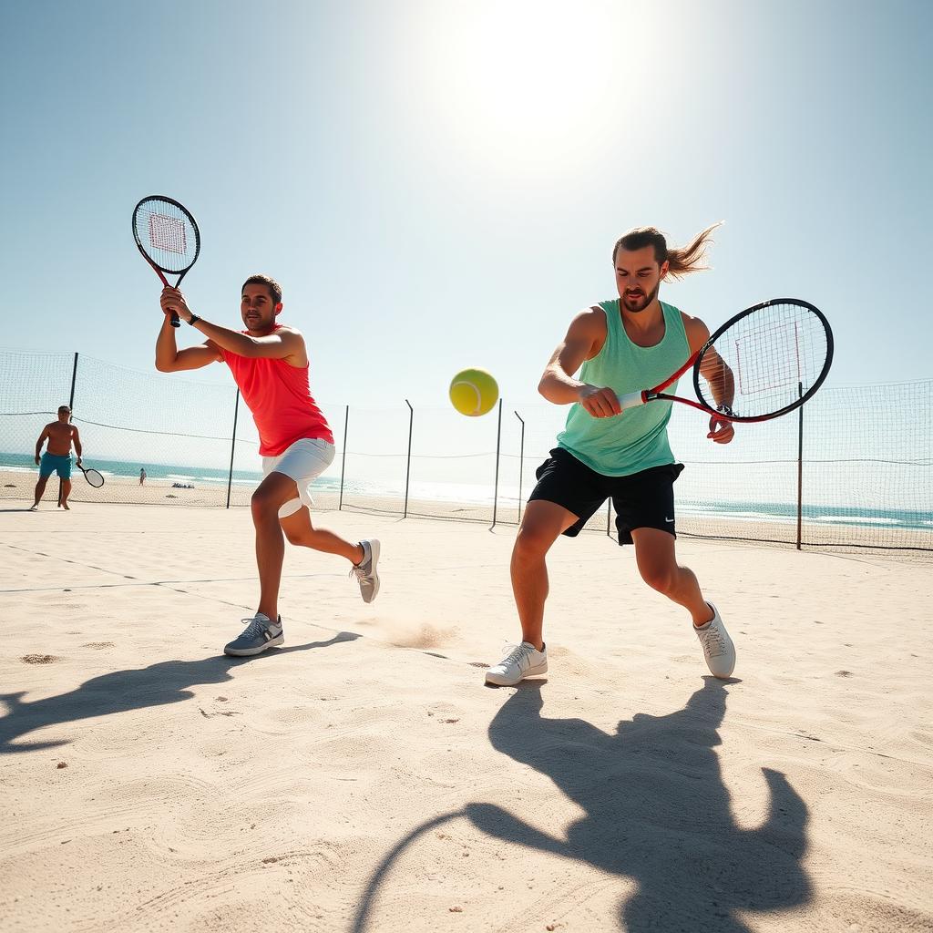 Jogador de beach tennis se movimentando rapidamente na quadra de areia.