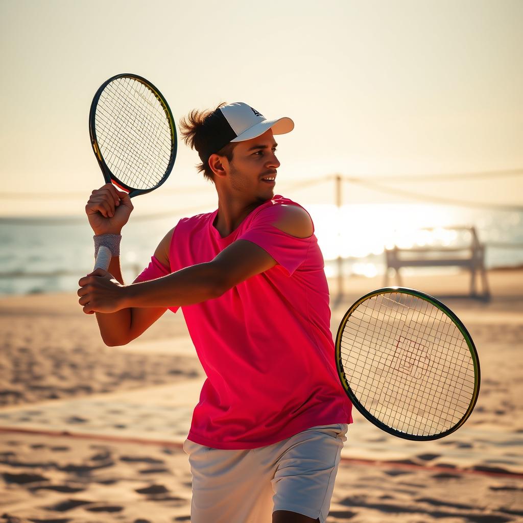 Jogadores de beach tennis em ação, trocando de duplas durante um jogo na praia.