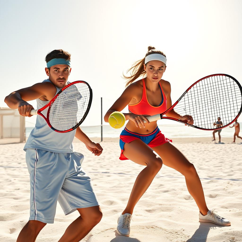 Jogador de beach tennis praticando saque em uma quadra de areia.