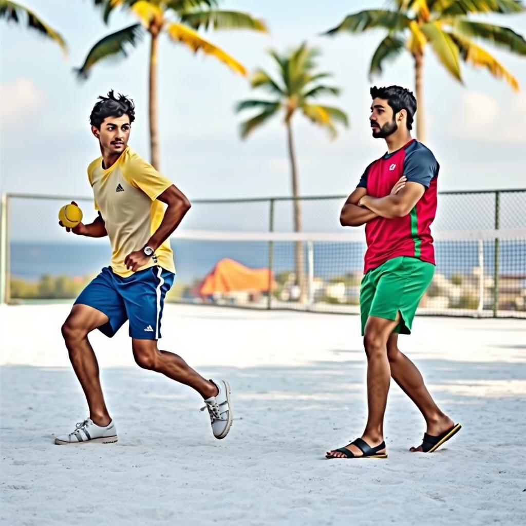 Jogador de beach tennis realizando o golpe de gancho em uma quadra de areia.