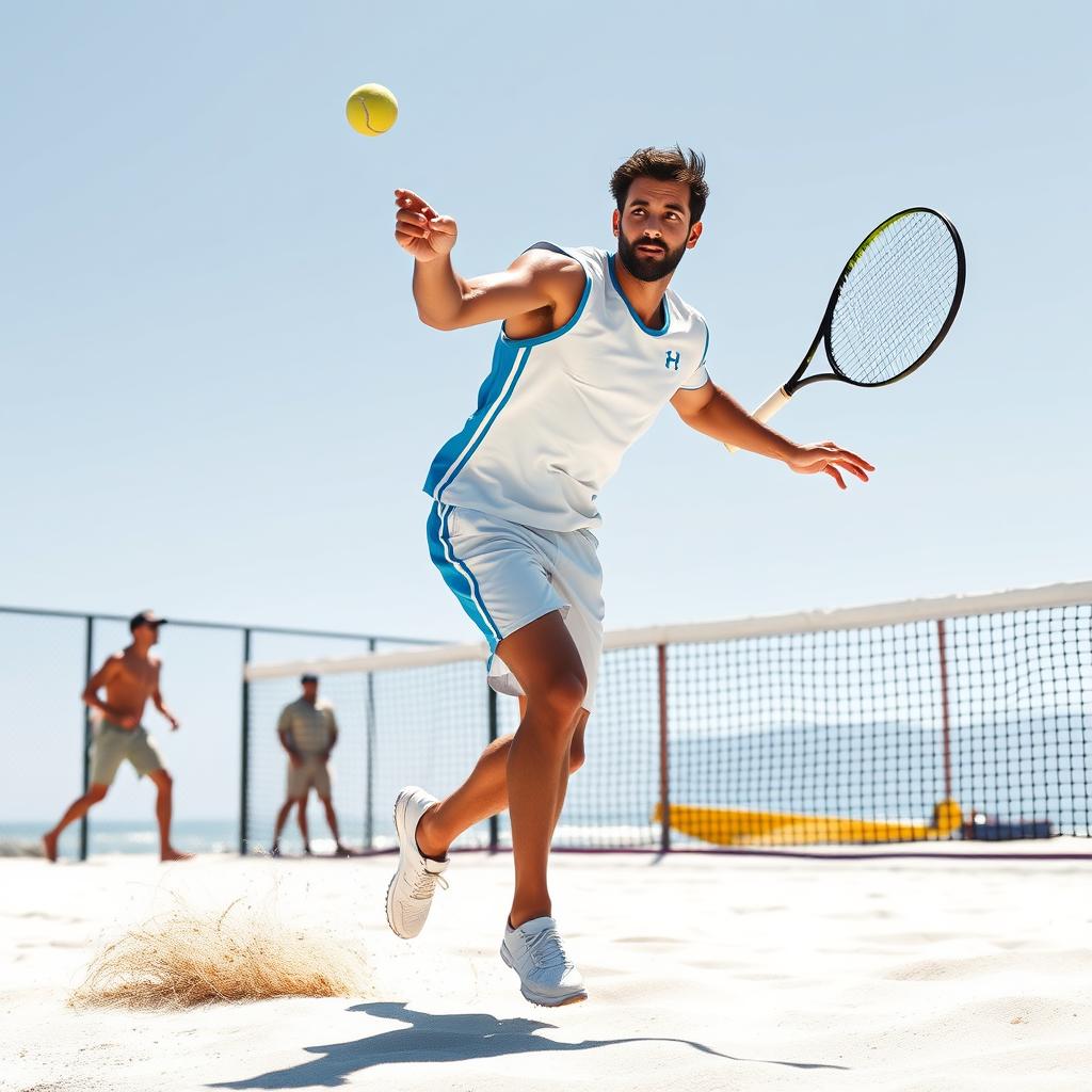 Jogador de beach tennis executando um smash poderoso na quadra de areia.