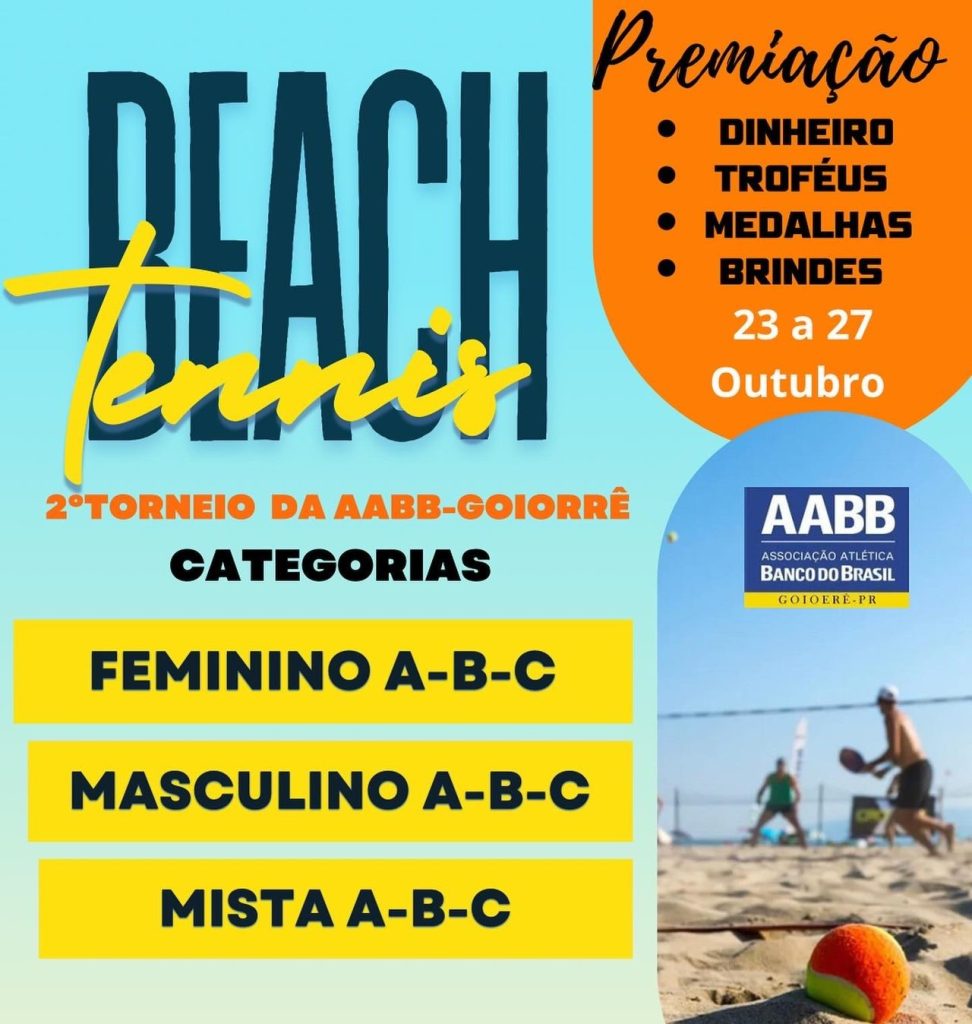 Atletas competindo no 2º Torneio de Beach Tennis da AABB Goioerê, com quadras de areia e público animado.