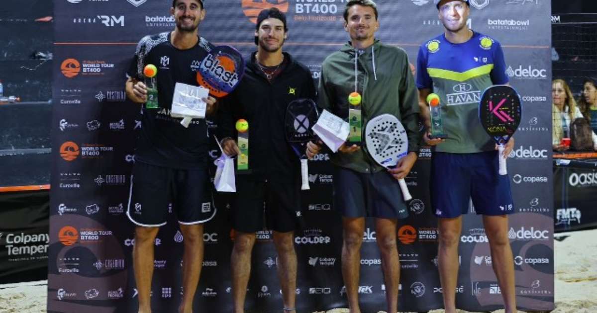 Jogadores de beach tennis competindo no ITF BT 400 em Belo Horizonte, com torcida animada ao fundo.