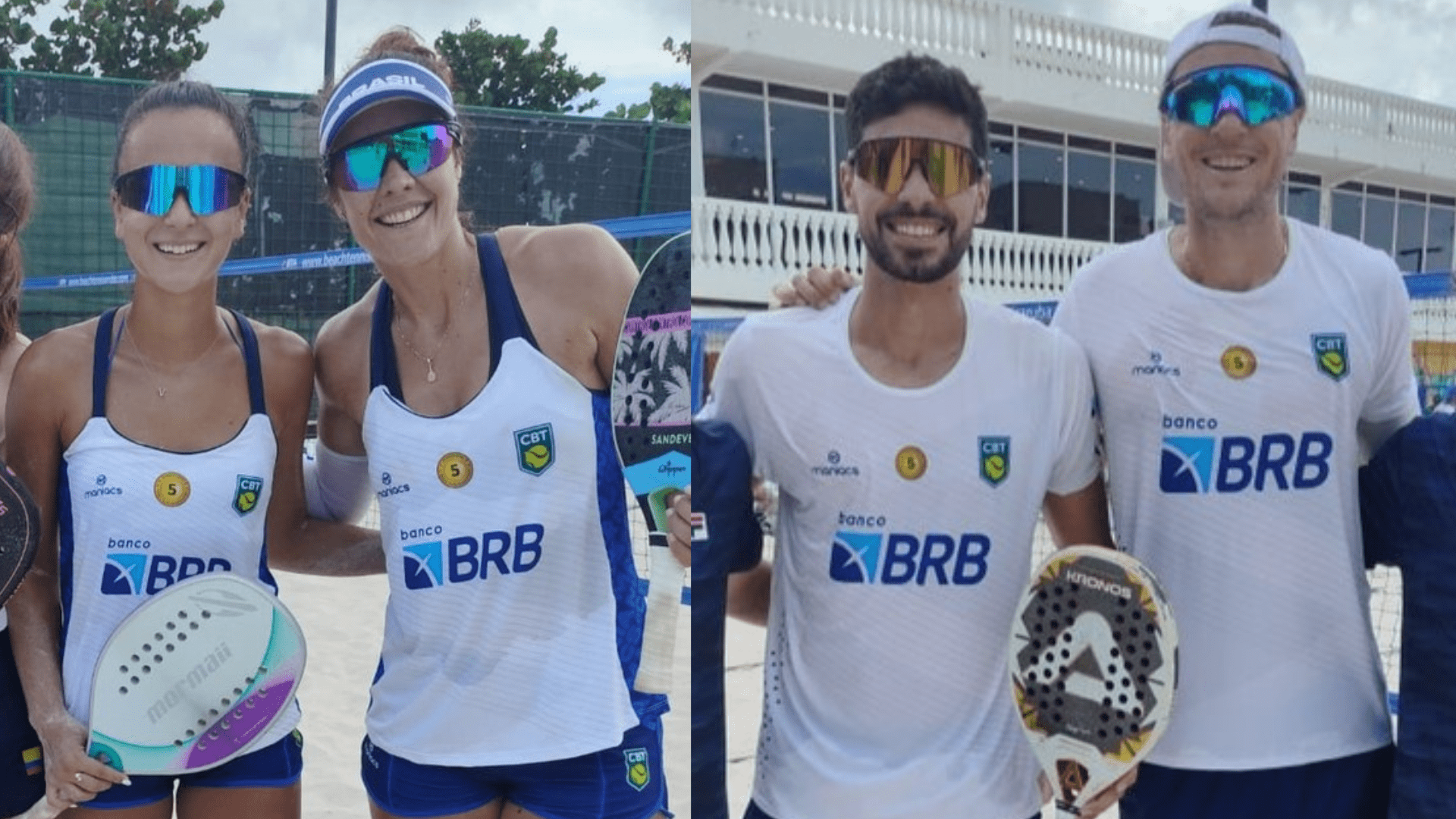 Atletas brasileiros comemorando medalhas no Pan-Americano de Beach Tennis em Aruba.