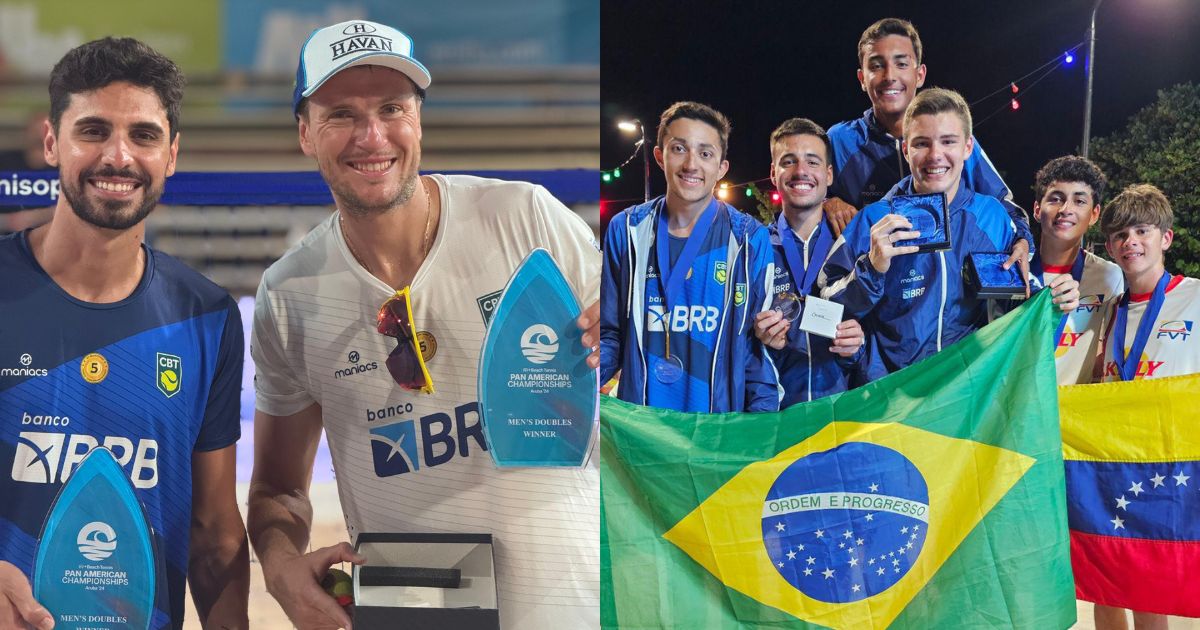 André Baran e André Caetano celebrando suas vitórias no Pan-Americano de Beach Tennis em Aruba.