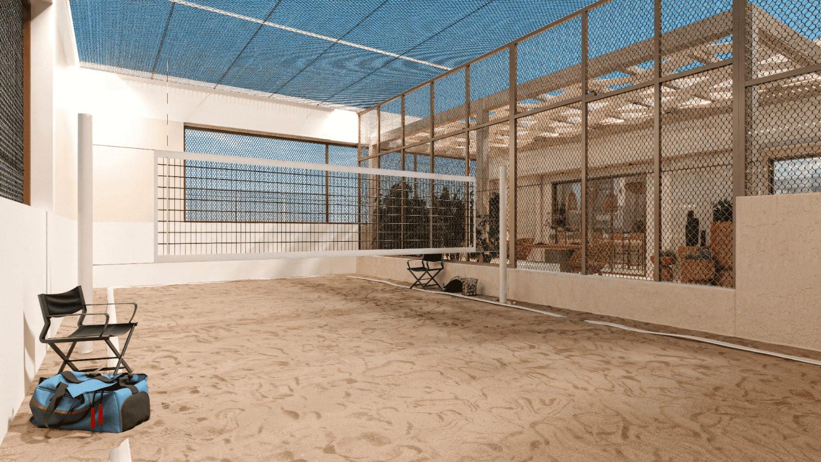 Vista do novo condomínio vertical em Goiânia com quadra de beach tennis no rooftop e áreas de lazer.