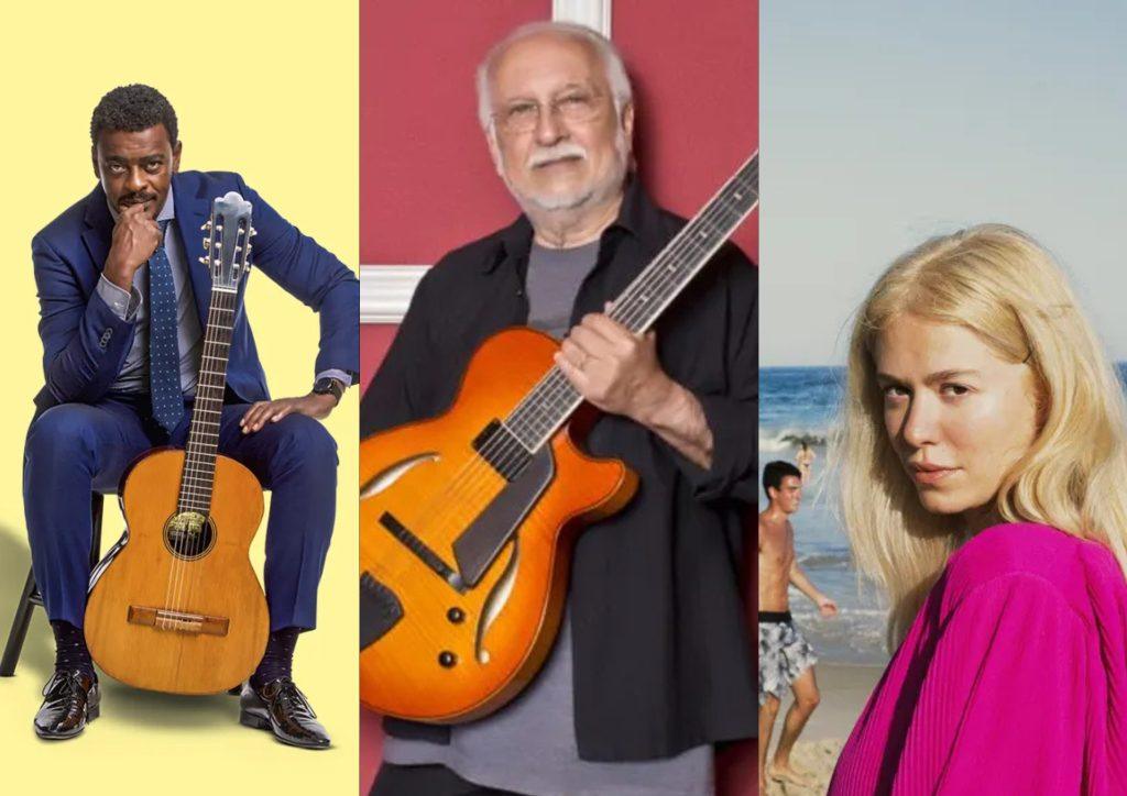 Artistas Seu Jorge, Roberto Menescal e Maria Luiza Jobim se apresentando na Praia de Ipanema durante o Dia Nacional da Bossa Nova.