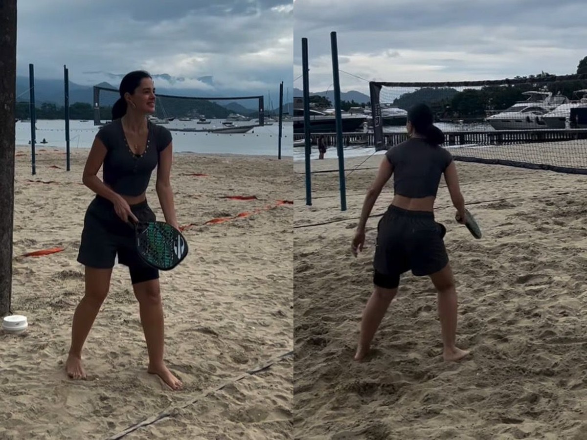 Vera Viel jogando beach tennis com Rodrigo Faro, celebrando a recuperação após o câncer.