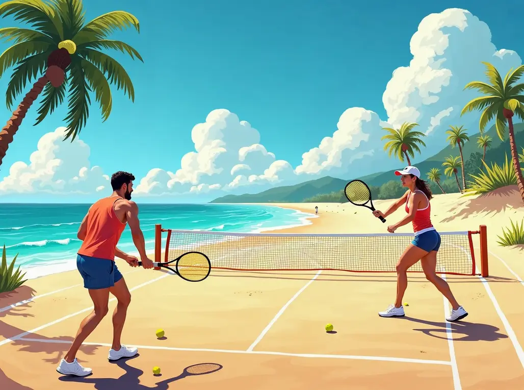 Atletas competindo em um torneio de beach tennis em Açailândia, Maranhão.