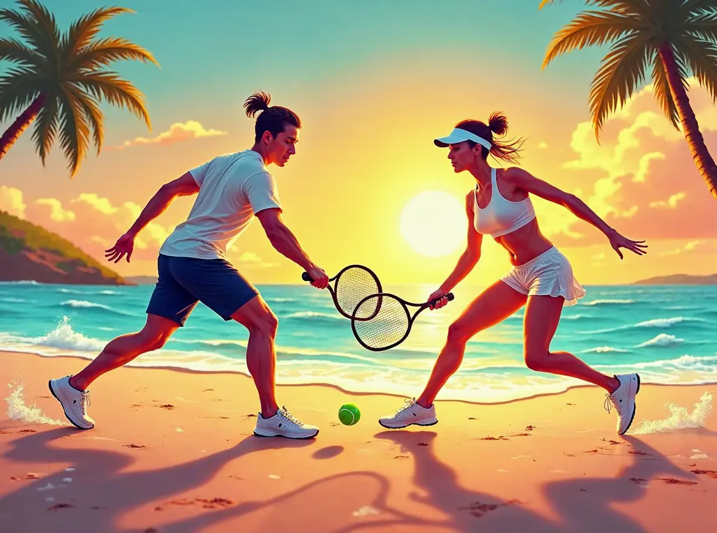 Atletas competindo no Torneio de Beach Tennis em Divinópolis, com quadras de areia e público animado.