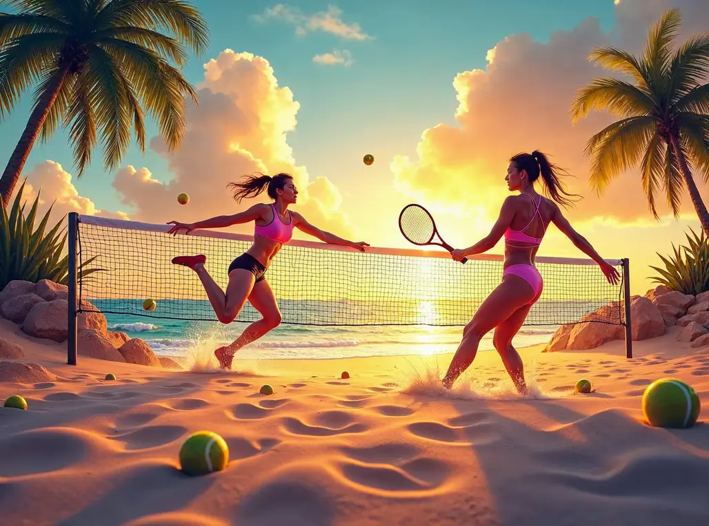 Atletas competindo nas finais do Mundial de Beach Tennis em Matinhos, com quadras de areia e público animado.