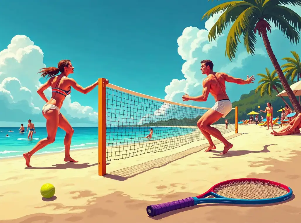Atletas competindo no torneio de beach tennis na ADS Arena Sport em Castanheira.