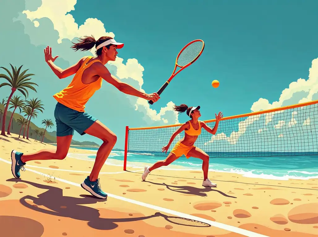 Atletas competindo no World Tour BT 400 de beach tennis em Cuiabá, com a Arena Beach Peak ao fundo.
