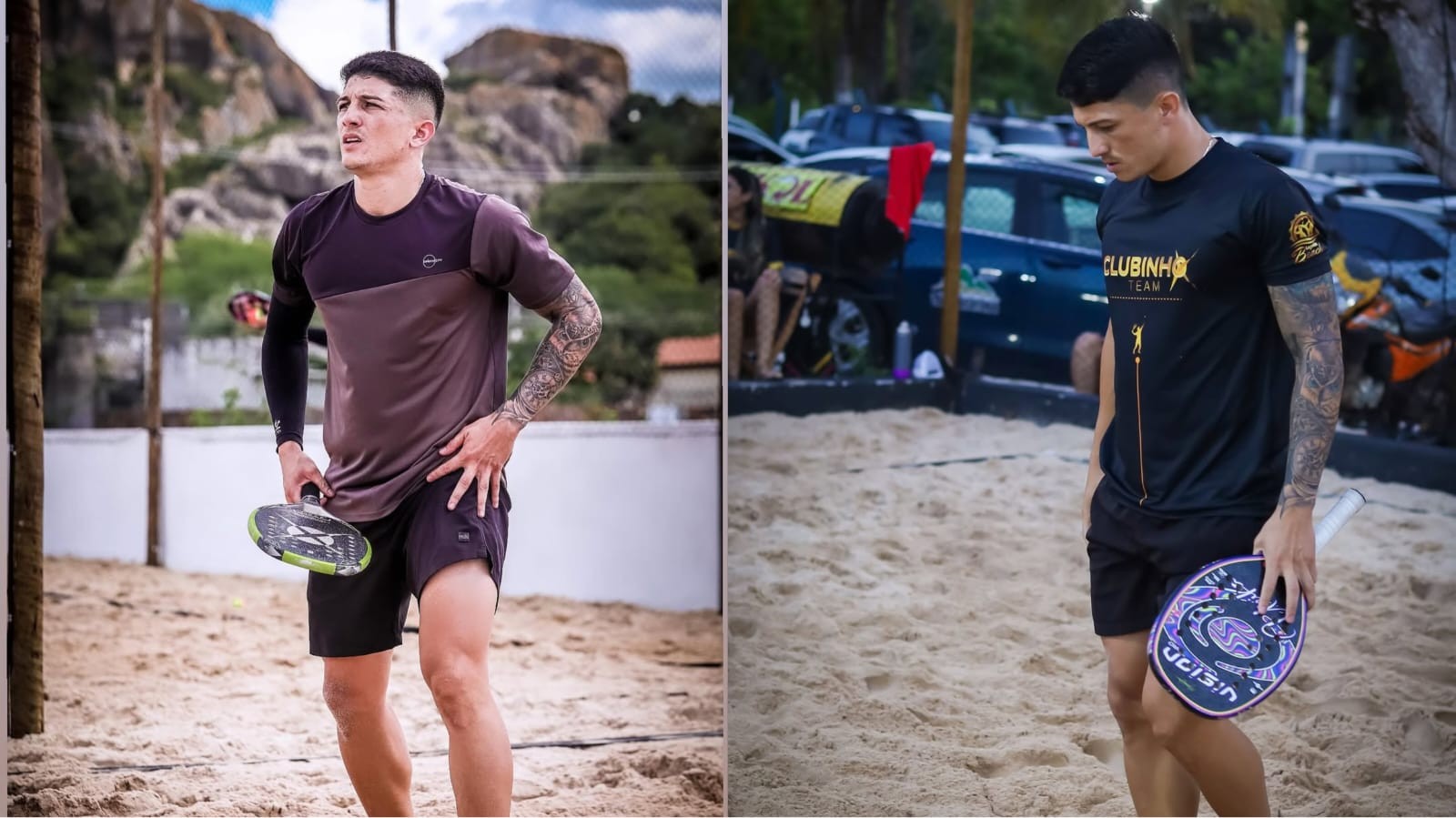 Vanderson Martins, atleta de beach tennis, em ação durante uma partida, representando sua paixão pelo esporte.