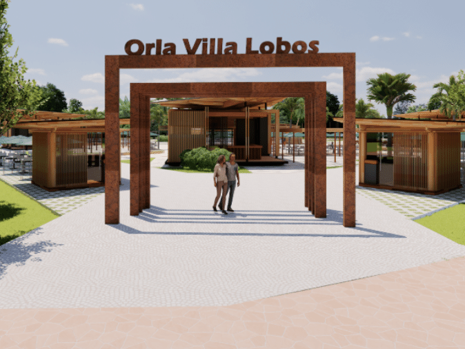 Proposta da Orla Villa-Lobos com quadras de beach tennis e quiosques no Parque Villa-Lobos, São Paulo.