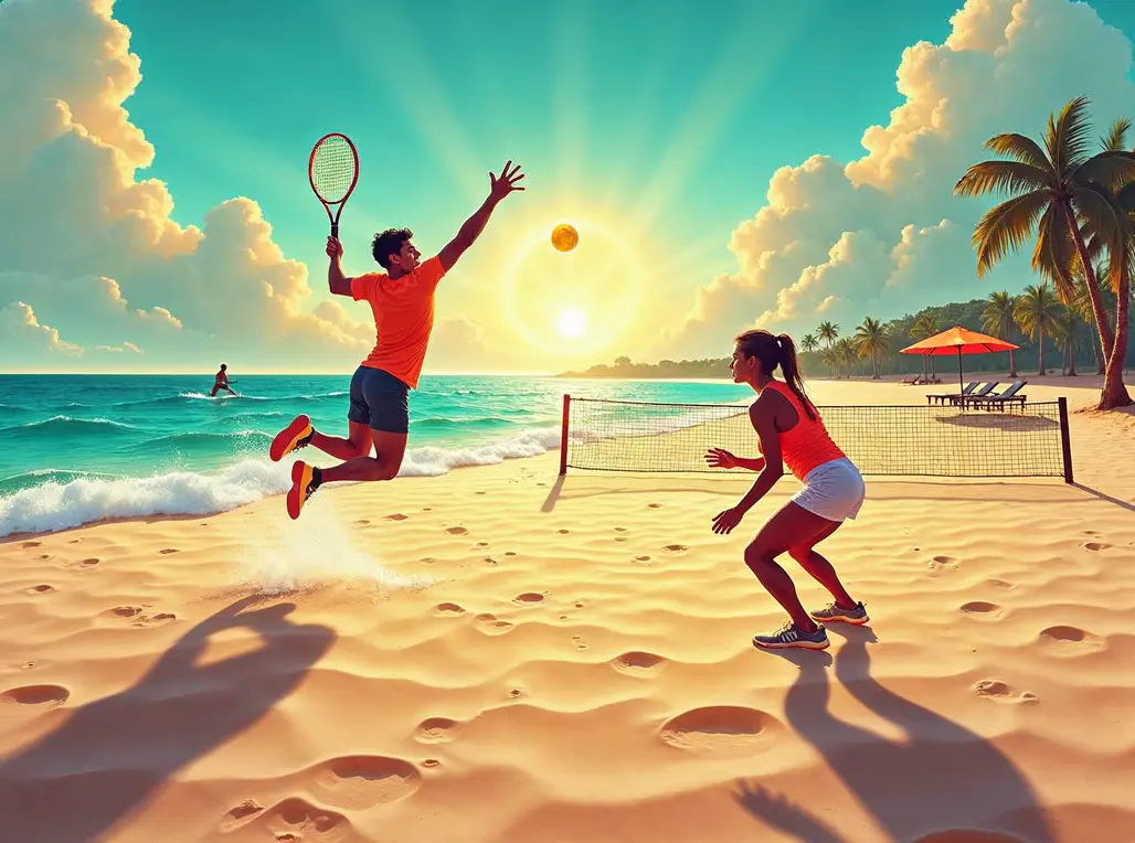 Atletas competindo em quadras de beach tennis durante evento em Cuiabá.