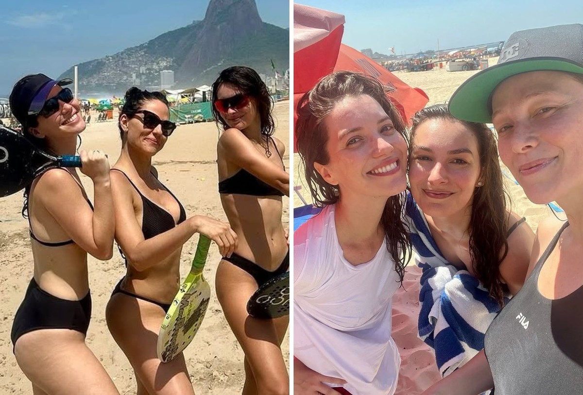 Nathalia Dill jogando beach tennis com Rafaela Mandelli e Marina Moschen na praia do Rio de Janeiro.
