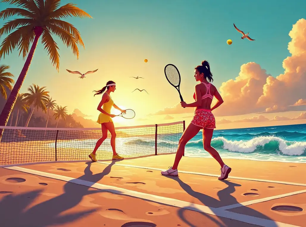 Atletas competindo no Campeonato Mundial de Beach Tennis em Cuiabá, destacando a quadra de areia e a premiação.
