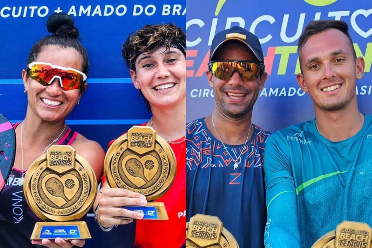 João Wiesinger e Lucas Cherione comemorando vitória no Circuito Beach Tennis de Valinhos.