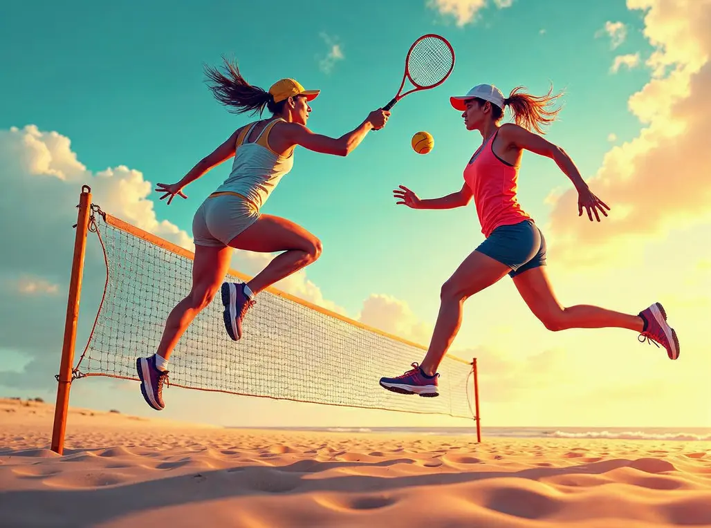Atletas competindo no circuito mundial de beach tennis em Caiobá, com quadras de areia e público animado.
