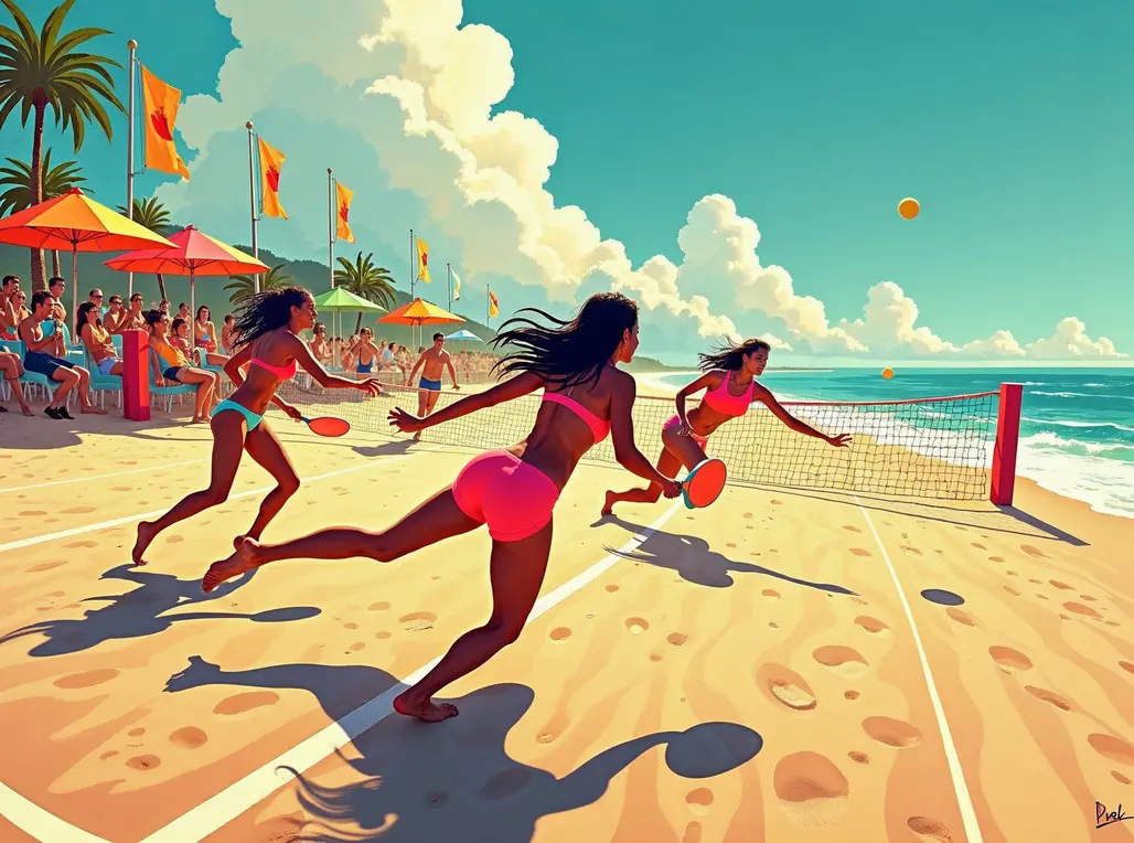 Jogadores de beach tennis competindo em um torneio na praia.