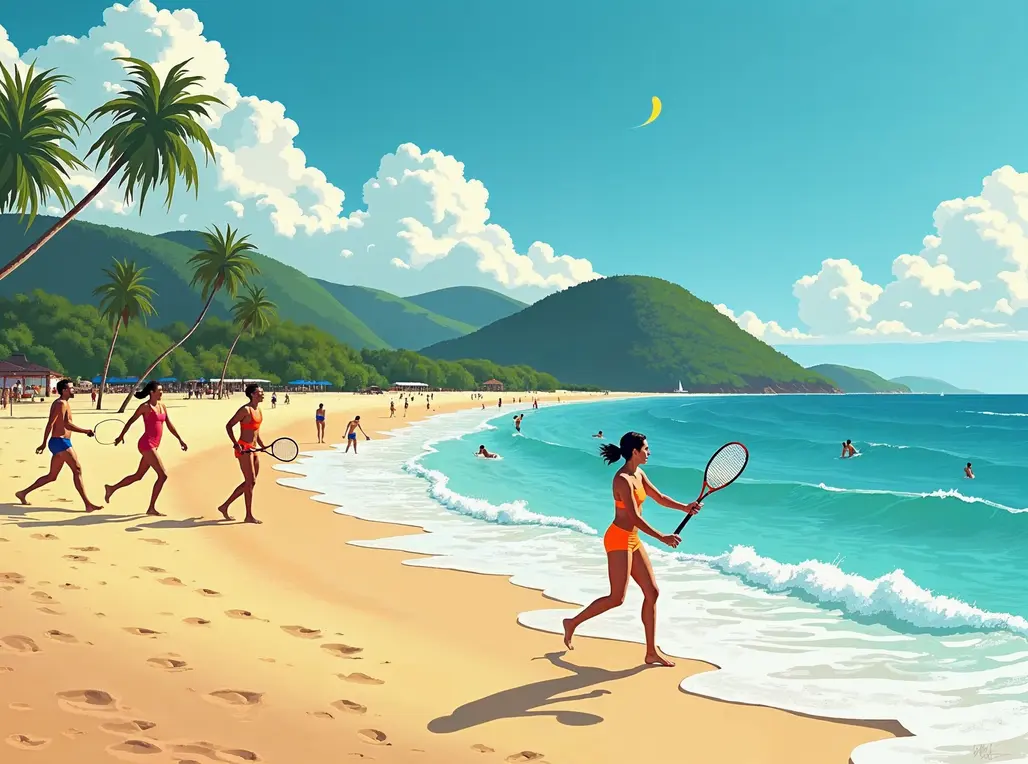 Jogadores de beach tennis competindo no Zagaia Open em Bonito, Brasil.