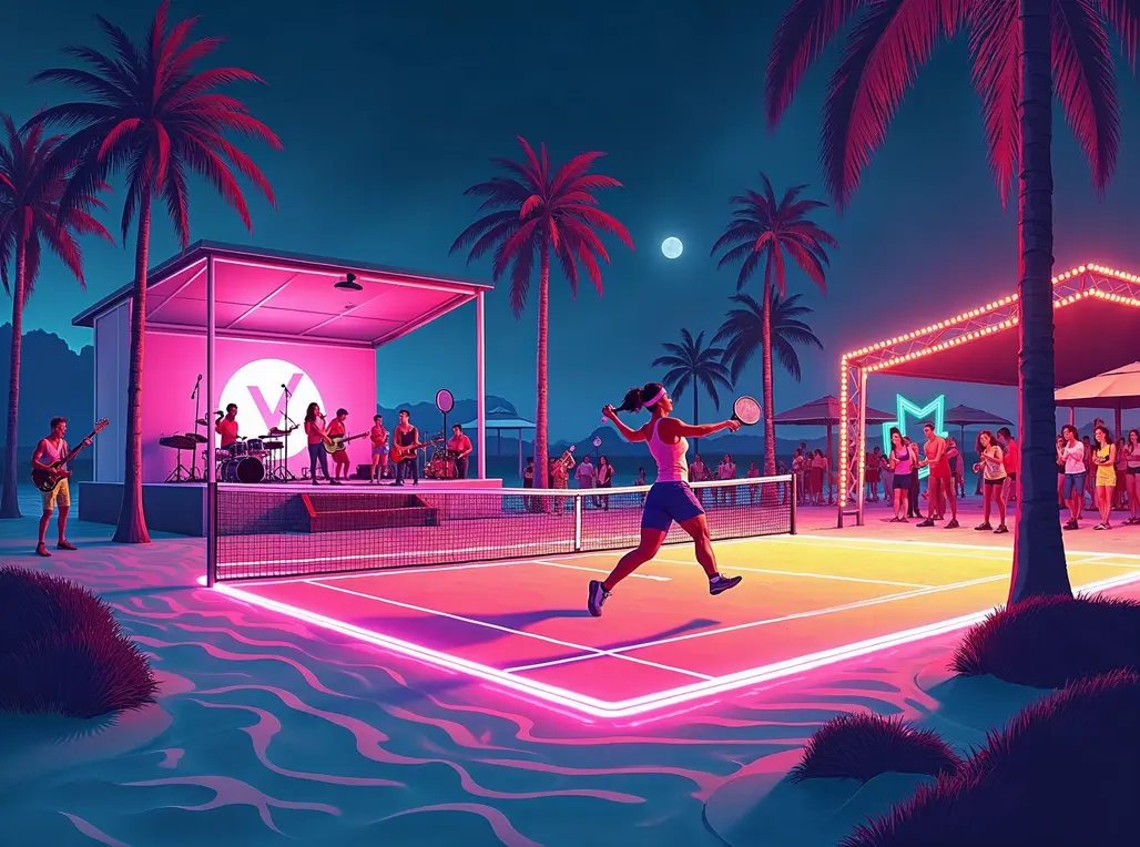 Jogadores de beach tennis competindo no Torneio Music Neon Verano em Goiânia, com luzes neon e música ao vivo.